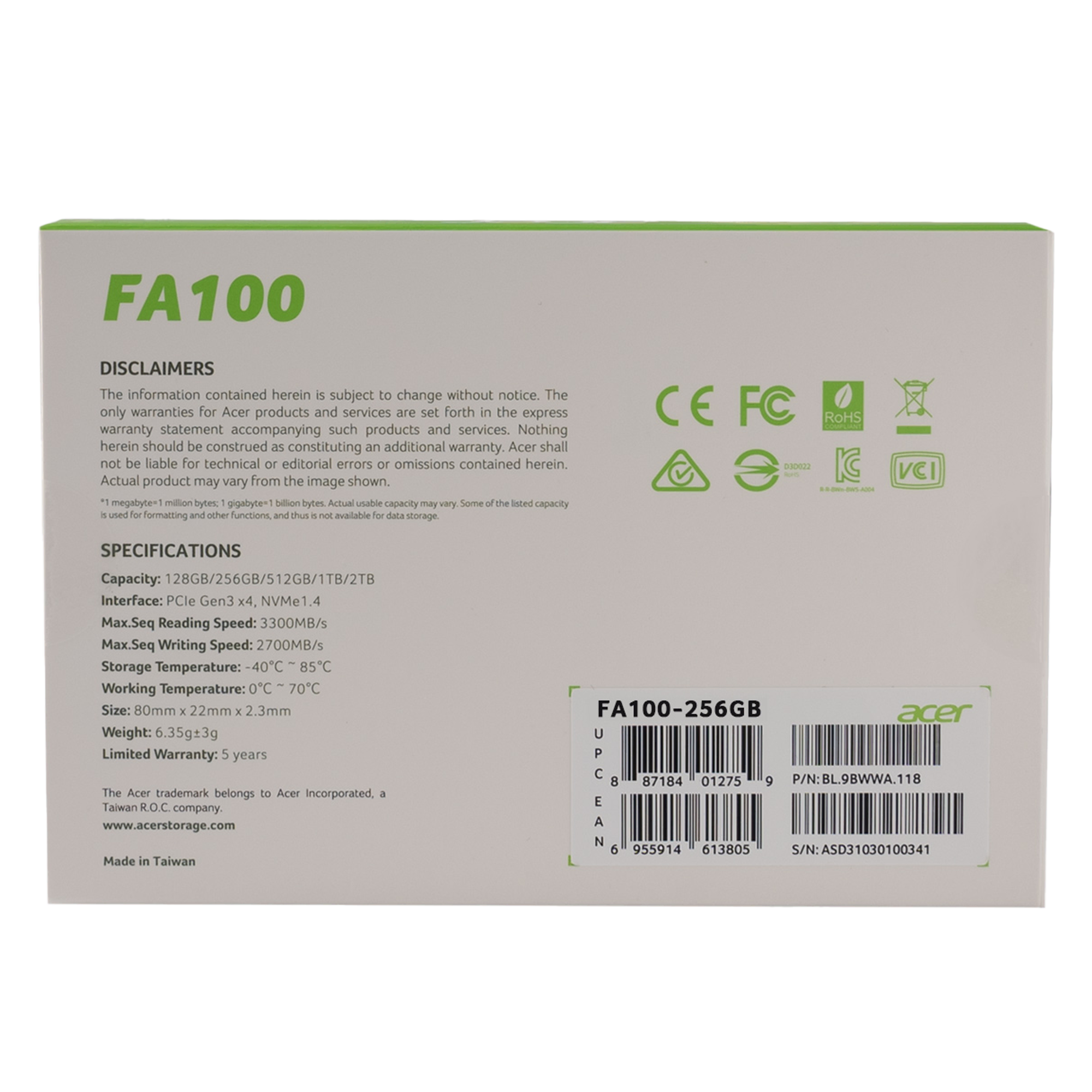 Acer FA100 PCIe NVMe 256GB Çevre Birimleri